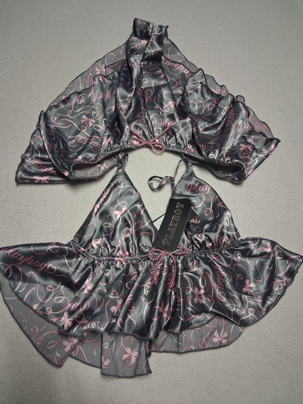 PLAYBOY Gray Satin Halter Crop Set with Pink Script